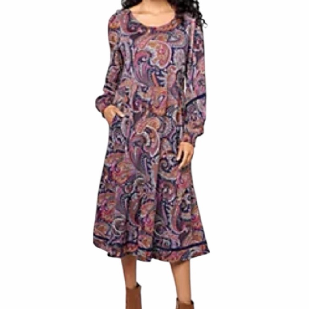 Canyon River Navy Blue Paisley Knit  Print Long Sleeve Midi  Dress 1X
